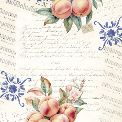 Papel de parede com padrão de pêssegos, folhas, flores, notas musicais e texto manuscrito