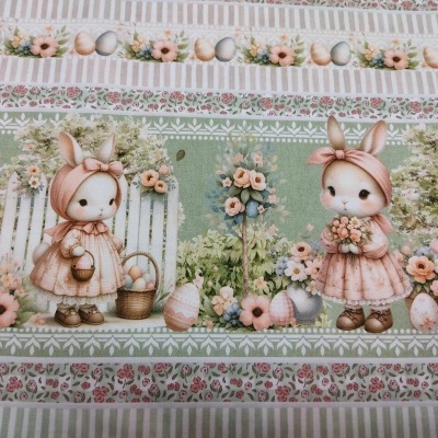 Tecido com padrão de coelhos e ovos de Páscoa em tons pastel
