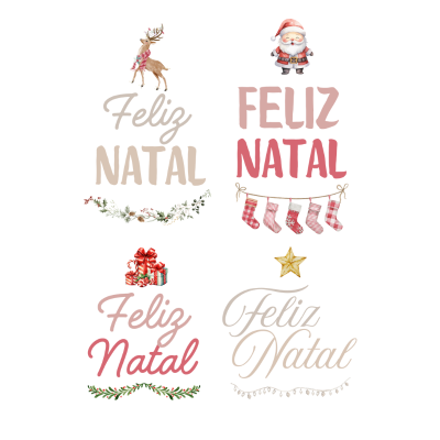 Quatro designs com a frase 'Feliz Natal' e decorações natalícias em tons vermelhos, bege e dourados.