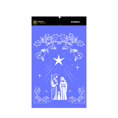 Stencil azul com design branco de Natividade e estrela em embalagem preta com logótipo ATILA®