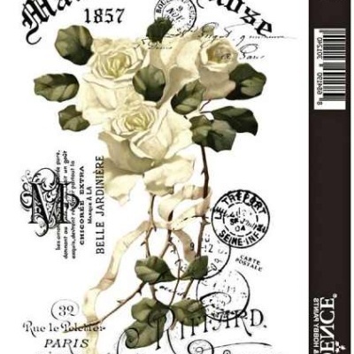 Papel decorativo com rosas brancas e texto vintage em francês