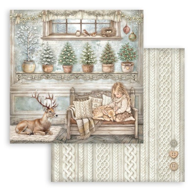 Papel de parede decorativo com ilustração natalícia e padrão trançado creme com botões
