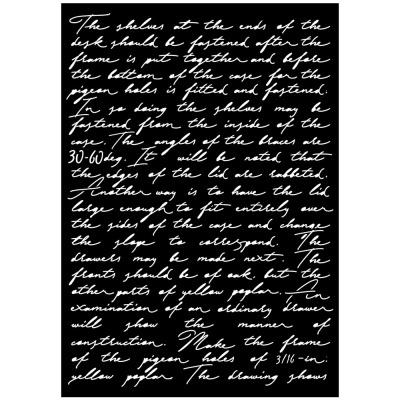 Texto manuscrito branco em papel preto com instruções técnicas.