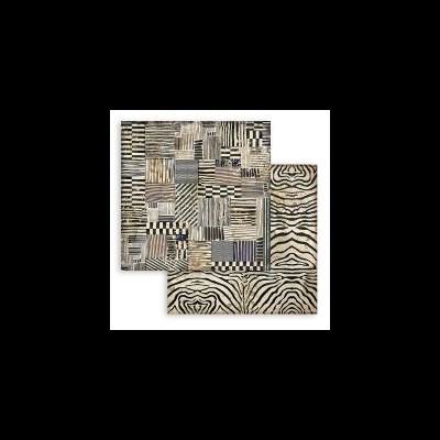 Tapete patchwork em tons neutros com padrões geométricos e imitação de pele de animal