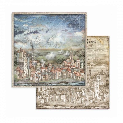 Papel decorativo com ilustração de cidade antiga e industrial em tons azuis e castanhos