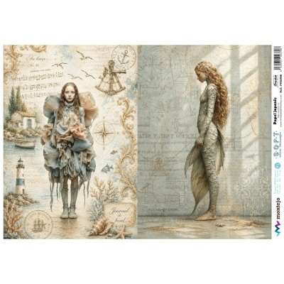 Papel decoupage com imagens vintage náuticas e figura feminina com cauda de peixe