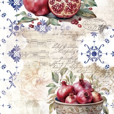 Ilustração de romãs vermelhas com folhas e prato decorativo em fundo com padrões florais azuis e texto manuscrito.