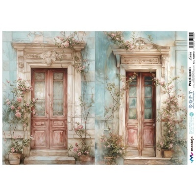 Duas portas antigas rosa com vidros em parede azul com flores e plantas em vasos