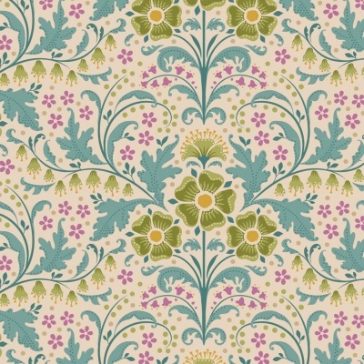 Papel de parede floral vintage verde, azul, amarelo e rosa sobre fundo creme