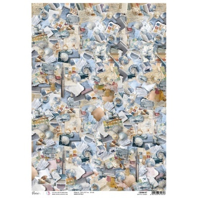 Papel de parede com padrão de colagem artística de texturas, conchas e aquarelas em tons azul e bege