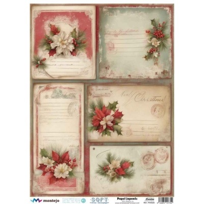Cartões natalícios decorativos com flores de azevinho, folhas de pinheiro e texto Merry Christmas