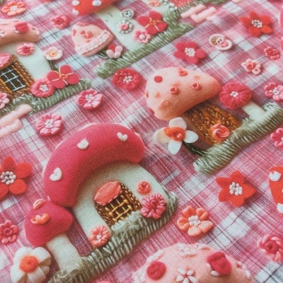 Tecido com casas em forma de cogumelo e flores em tons rosa e vermelho