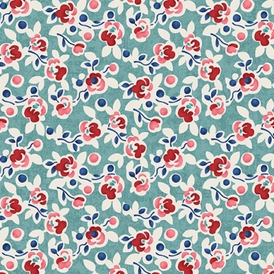 tecido com padrão floral vermelho, rosa e azul sobre fundo azul esverdeado