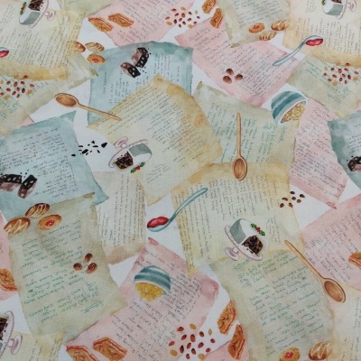 Estampa com folhas de receita manuscritas e ilustrações culinárias em fundo branco