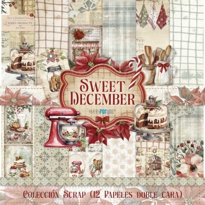 Papéis decorativos natalícios com padrões e textos Sweet December e Paper For You.