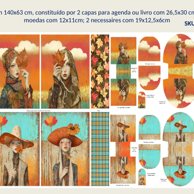 Painel ilustrativo com mulheres em chapéus e elementos naturais, padrões e medidas descritas