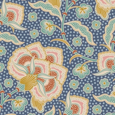 Tecido azul com padrão de flores grandes e folhas verdes