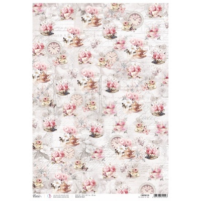 Papel decorativo floral com relógios e xícaras em tons de rosa e bege