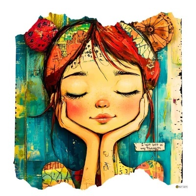 Ilustração artística de uma rapariga com olhos fechados e mãos no rosto, com cores vibrantes e texto I got lost in my thoughts