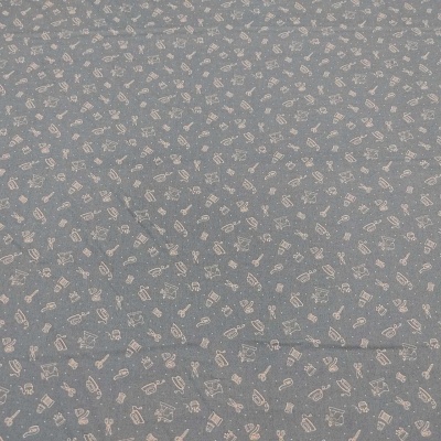 Tecido cinza com padrão de utensílios de cozinha creme