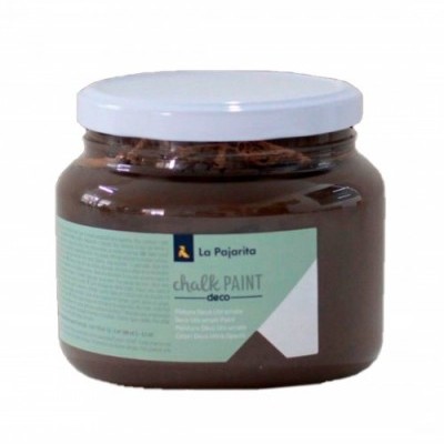 Frasco de tinta chalk paint castanho La Pajarita com tampa branca e rótulo colorido.
