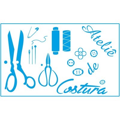 Ilustração azul de ferramentas de costura com texto 'Ateliê de Costura'