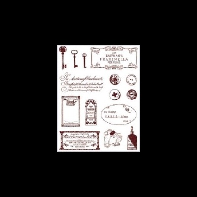 Rótulos e etiquetas vintage em tons sépia com texto em inglês e ilustrações de chaves, botões e frascos.