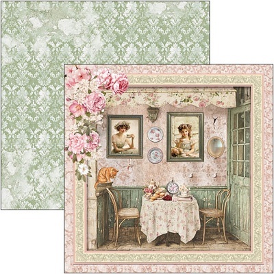 Papel para scrapbooking com cenário vintage romântico e padrão floral verde