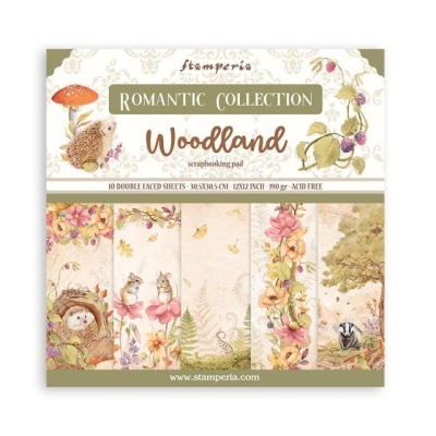 Bloco de papel para scrapbooking Stamperia Romantic Collection Woodland com várias folhas decoradas.