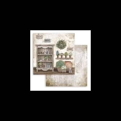 Ilustração de mobiliário rústico com plantas e vasos em fundo texturizado