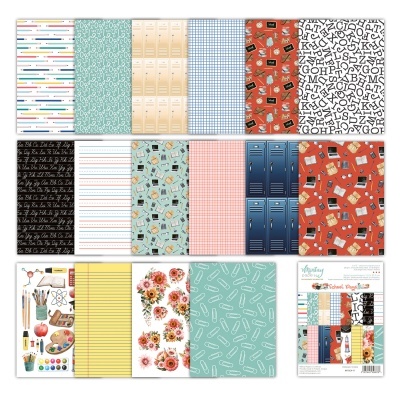 Conjuntos de papel decorativo escolar com diferentes padrões e cores