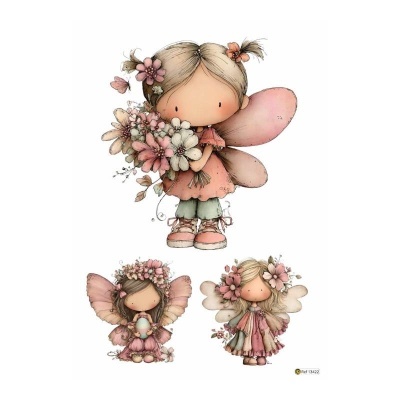 Ilustração de três fadas em tons pastel com flores e asas cor de rosa