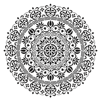 Mandala circular preta com padrões florais e geométricos em fundo branco