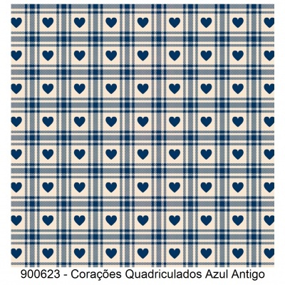 Padrão quadriculado azul com corações escuros no tecido.