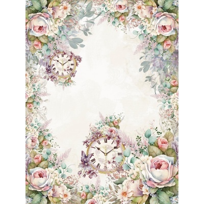 Moldura floral com relógios antigos em tons suaves de rosa, bege e verde