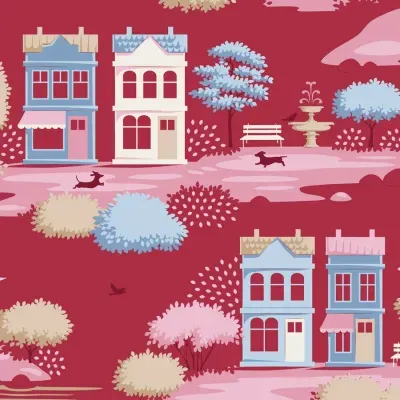Padrão com casas, árvores, cães e fonte em fundo vermelho