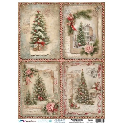 Quatro cartazes vintage com árvores de Natal decoradas e elementos florais, com bordos vermelhos e brancos.