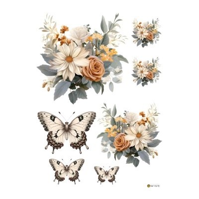 Arranjos florais e borboletas em fundo branco