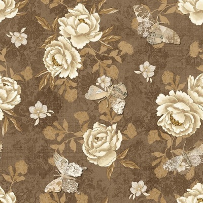 Padrão floral vintage em castanho e bege com borboletas e flores grandes