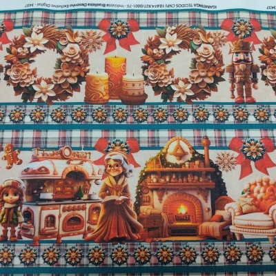 tecido natalício com bonecos de madeira, guirlandas, cadeiras, lareira e elfos em padrão repetido