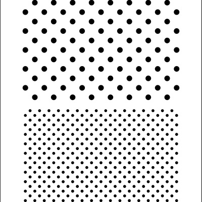 Folha branca com padrão de pontos pretos grandes e pequenos e texto 'stencil' e '470'