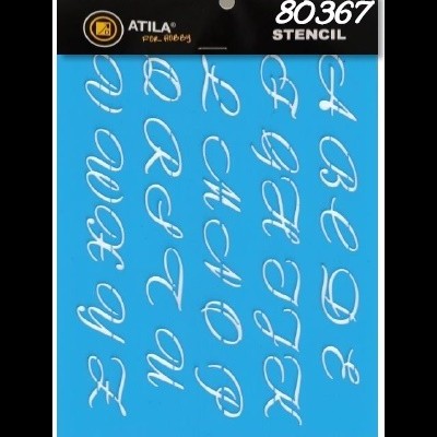 Stencil azul com letras caligráficas e embalagem preta com texto