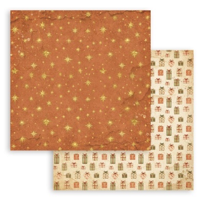 Papel de embrulho de Natal com estrelas douradas e padrões de presentes coloridos