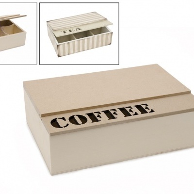 Caixa de madeira bege para café com palavra COFFEE recortada na tampa