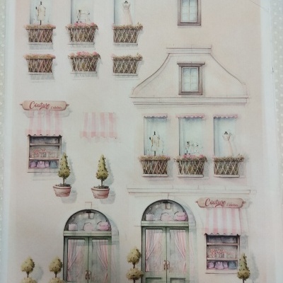 Fachada de loja ilustrada em papel para decoupage com janelas, varandas, portas verdes e plantas