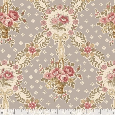 Padrão floral vintage em tecido cinza com flores rosas e beje