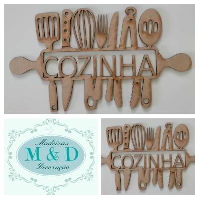 Decoração de cozinha em madeira MDF com palavra 'COZINHA' e utensílios recortados