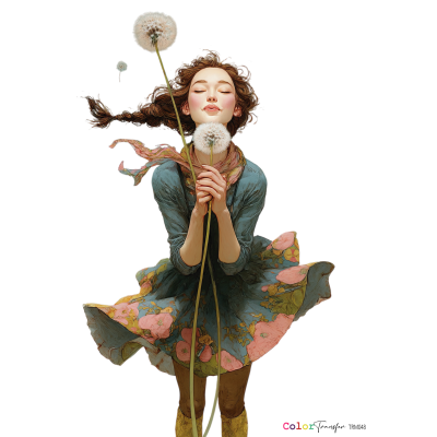 Mulher jovem com vestido azul floral segurando dentes-de-leão em fundo preto