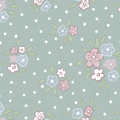 Tecido cinza azulado com flores coloridas e pontos brancos.