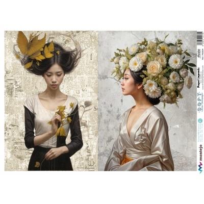 Duas mulheres com penteados artísticos, uma com folhas douradas no cabelo e outra com adorno floral branco.